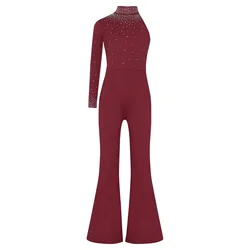 Teen Girls Shiny Rhinestones Rompers Wedding Jumpsuit Single Long Sleeve Wide Leg Pants One Piece Bodysuit Party Dinner Clothes