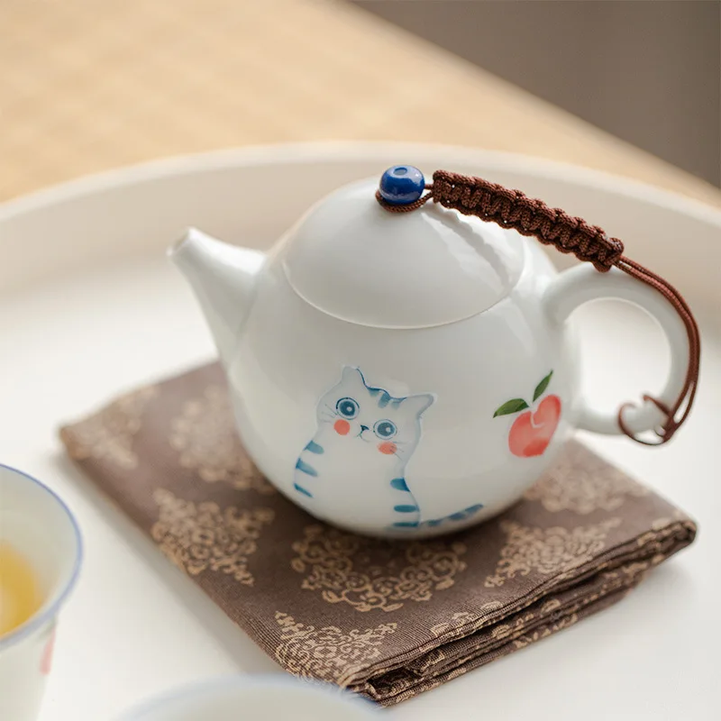 

Hand-painted Cat Peach Teapot Single Person Drinking Small Capacity Round Teapot Cute Teapot