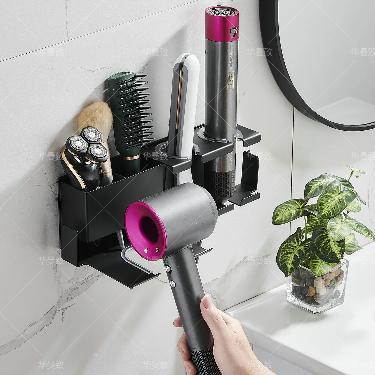 Carbon Steel Wall Mounted Hair Dryer Curler Straightener Holder Multi Compartment Bathroom Tool Storage Rack Adhesive Or Screw