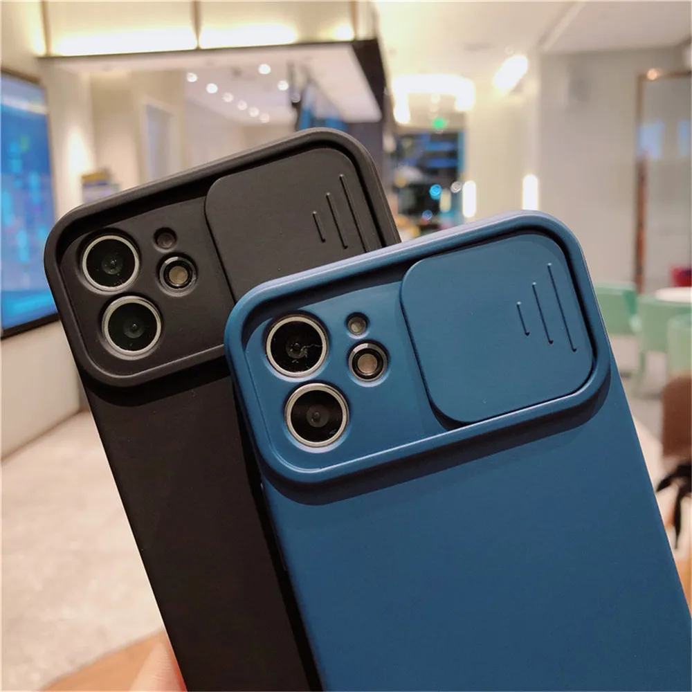 Slide Camera Lens Protection Phone Case For iPhone 11 12 13 Pro Max 8 7 6s Plus Xr X Xs Max Liquid Silicone Lens push Pull Cover