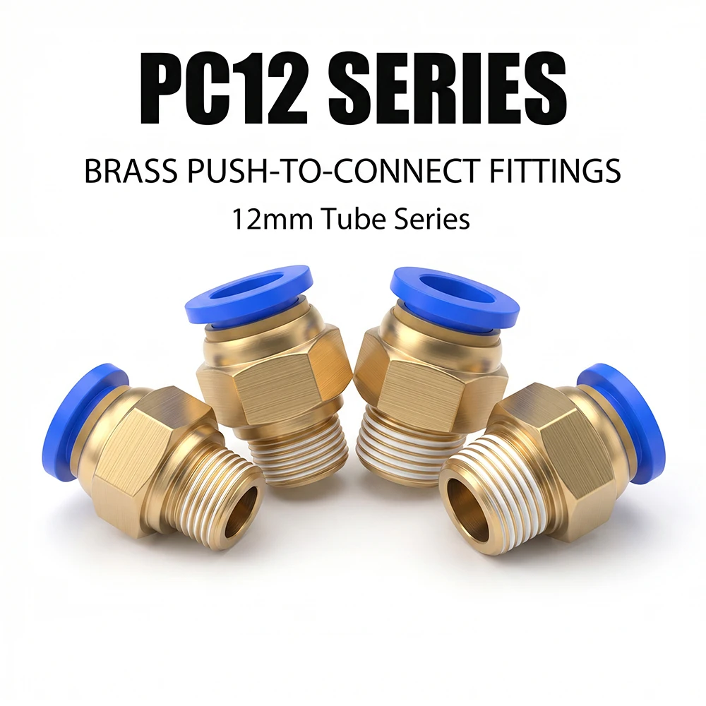 100/500 PCS Brass Quick Connect Air Hose Fittings, PC12 Pneumatic Push-to-Connect Adapter, 12mm Tube, 1/8