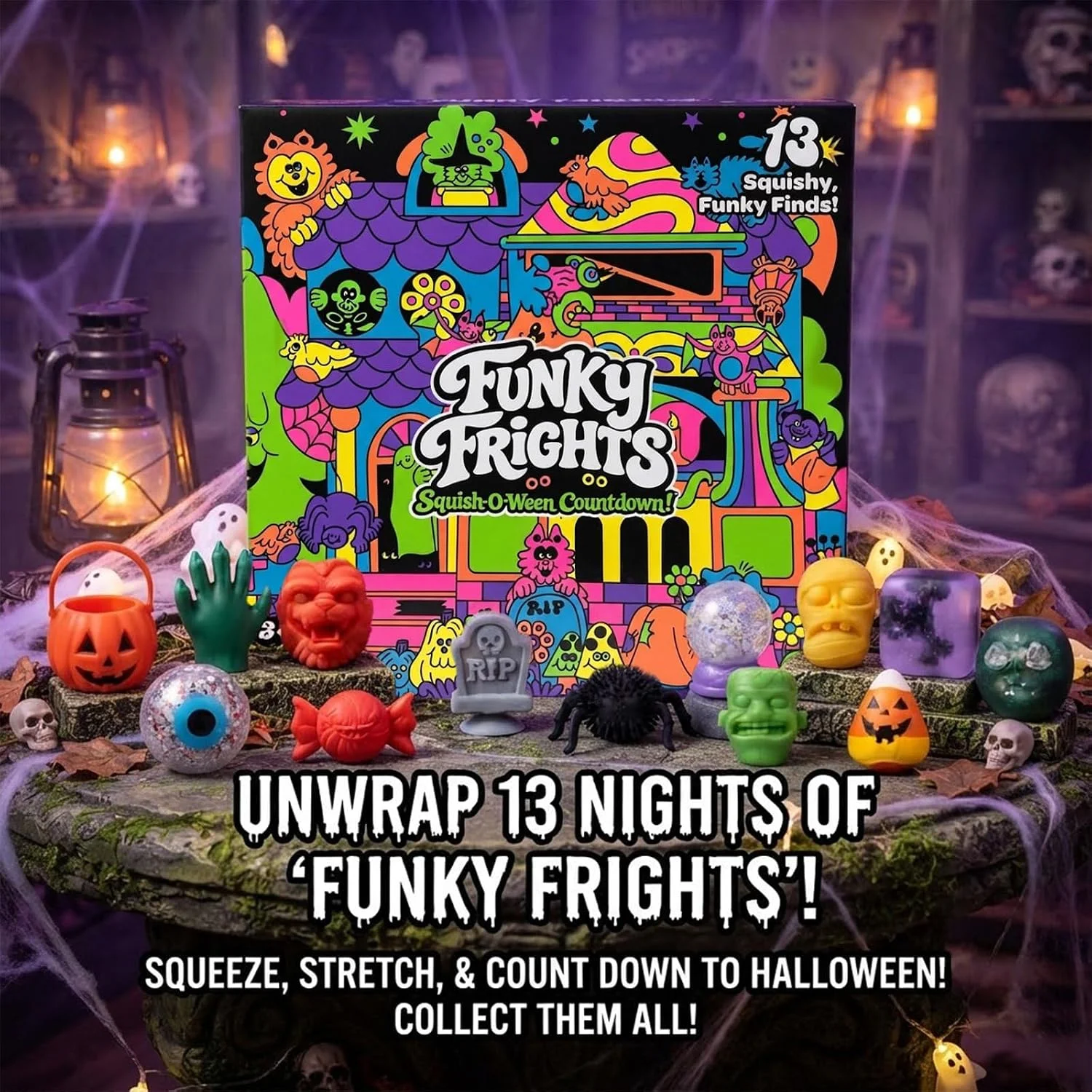 Needoh Neuer Funky Frights Halloween-Adventskalender 13 Tage, Gruselige Squishy Slow-Rise Stressabbau-Spielzeuge Countdown-Geschenkbox