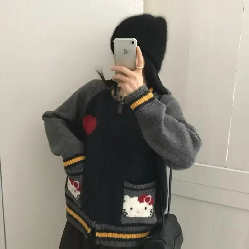 

Sanrio Hello Kitty кардиган осень/зима вязаная куртка на молнии топ свитер Kawaii аниме модный повседневный новый комплект из двух предметов для женщин