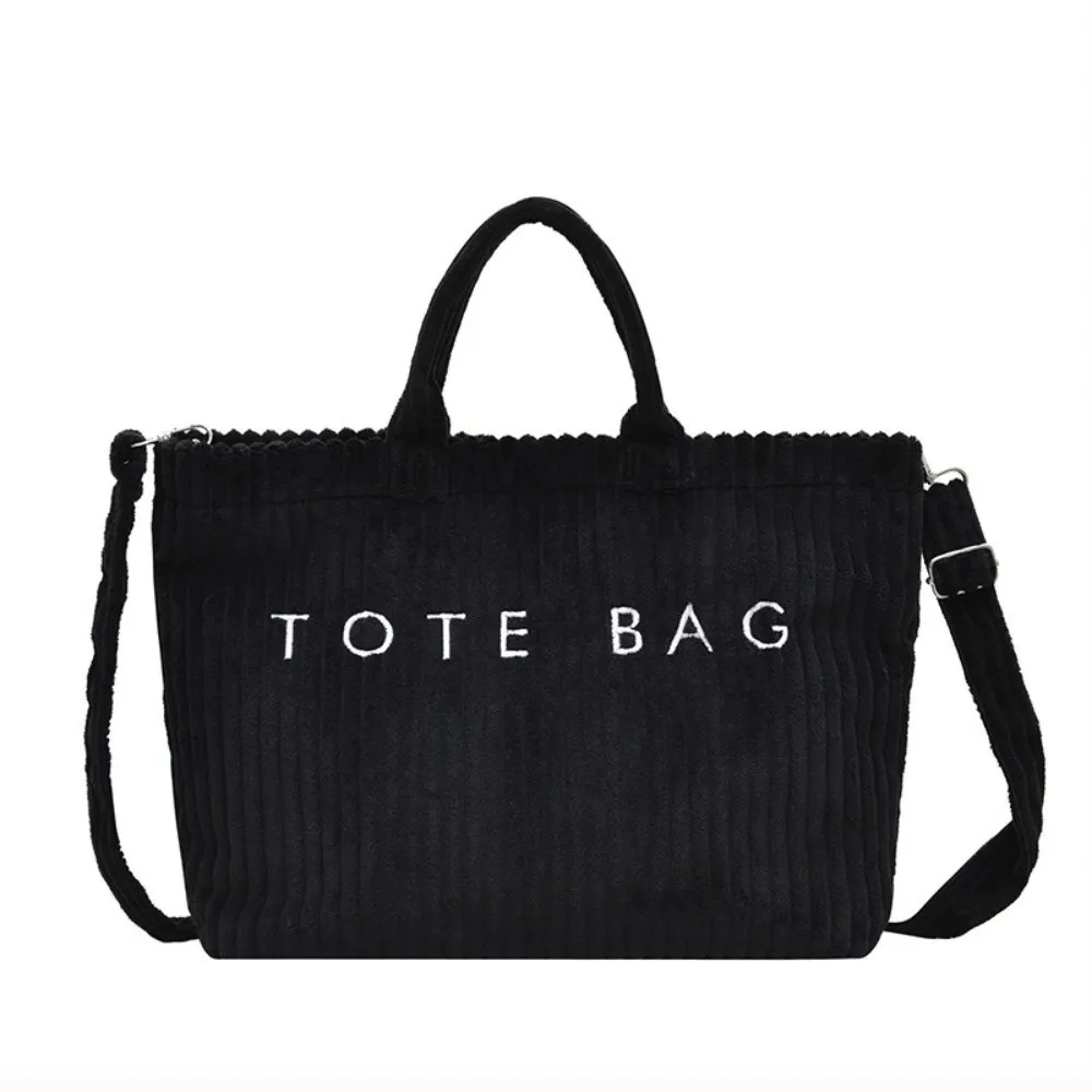 Korean Style Corduroy Tote Bag Large Capacity Solid Color Slouchy Shoulder Bag Trendy Lightweight Letter Embroidery Handbag