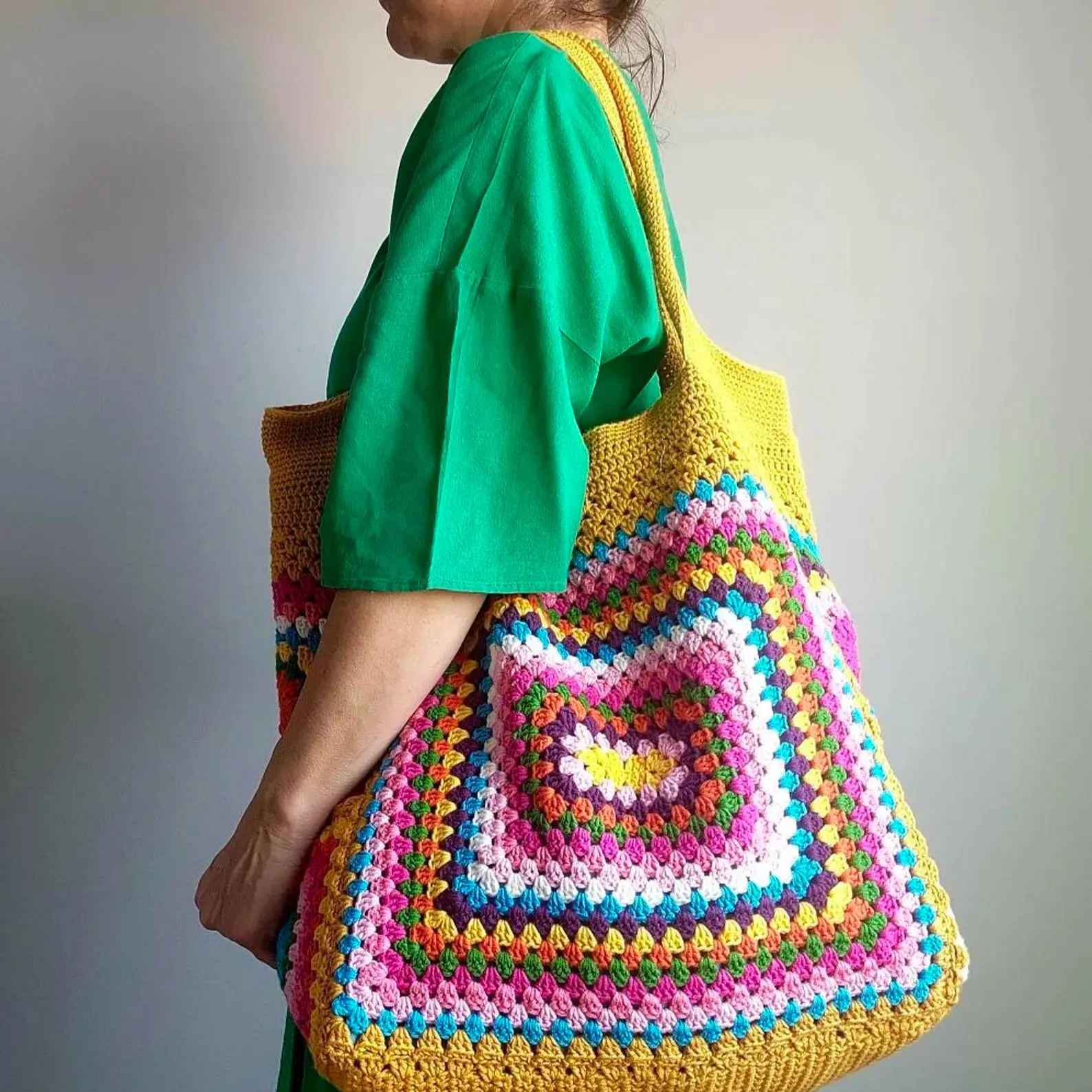 

Colorful Checked Granny Square Big Shoulder Bag Boho Hippie Handbags For Women High-Capacity Cute Purse For Summer Beach