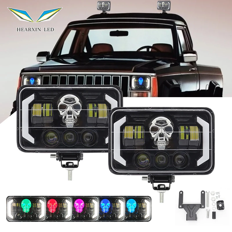 

4x6 60 Вт RGB Череп Светодиодная фара DRL Hi-Lo Beam Оптический объектив проектора Мотоцикл Motos 12-60 В для Jeep Wrangler JK Cherokee XJ