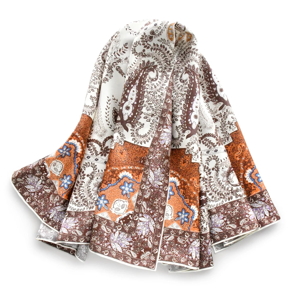 Brown Paisley 100% Natural Silk Scarf 90cm Neckerchief Shawl Bandana Women Wrap Hijab Twill Luxury High Quality Lady's Shawl
