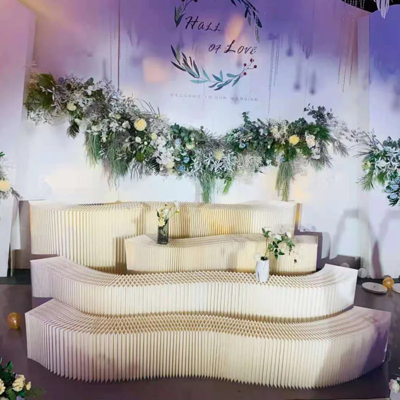 Decoración de boda, tamaño personalizado, soporte de exhibición plegable versátil de papel, mesa de exhibición de postre de flores, plataforma, guía curva, soporte para fiesta