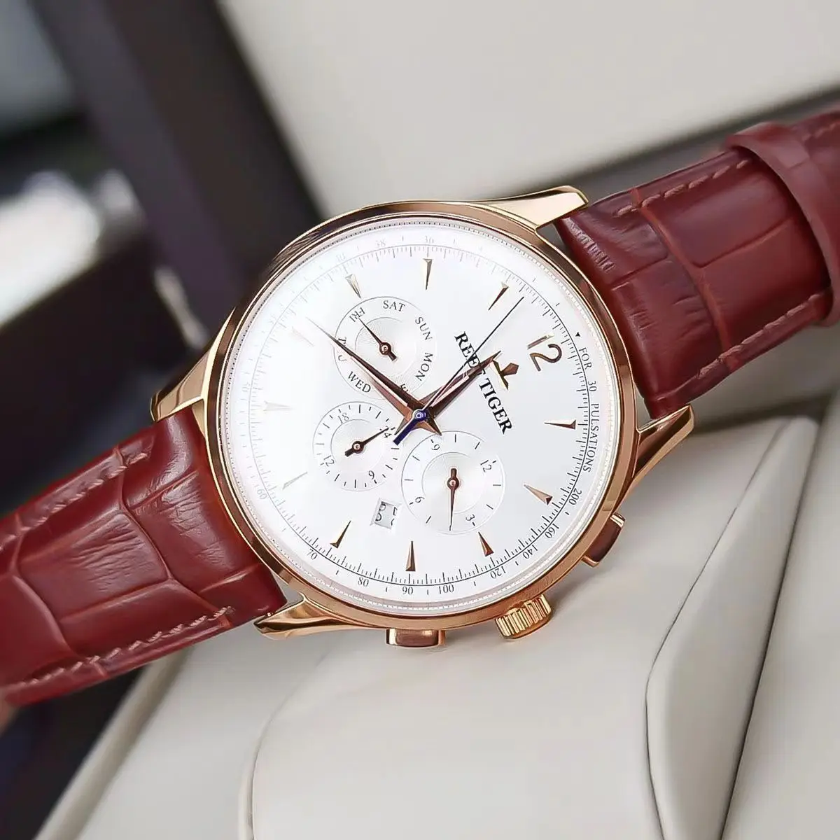 ساعات ميكانيكية أوتوماتيكية بالكامل للرجال من ماركة ريف تايجر، ساعات رجال الأعمال، وات رياضي رجالي مخصص وعصري