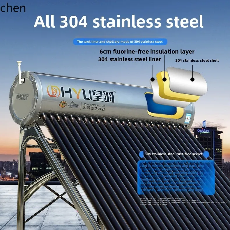 Scaldabagno solare HTT automatico fotoelettrico a doppio scopo in acciaio inossidabile 304 serbatoio dell'acqua 2.1M tubo in oro viola