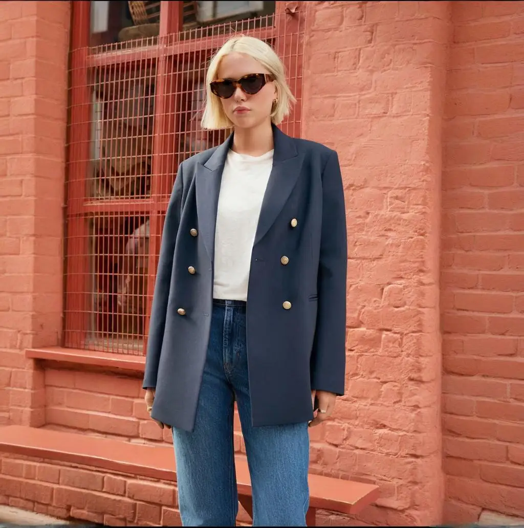 

Navy Military Double Breasted Blazer women's Jackets for Office Casual Suit Jacket Evening Outfit Customize