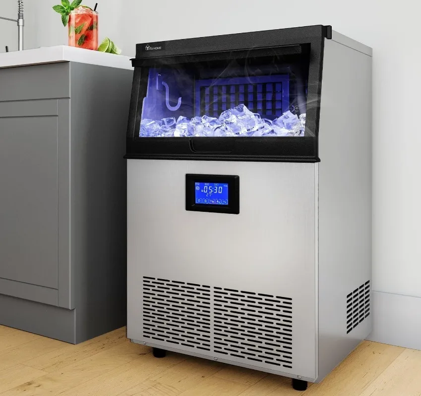 Upgraded Commercial Ice Maker Machine, 150LBS/24H Ice Maker with 33LBS Storage Bin, LCD Panel with Blue Light Shop(55PCS)