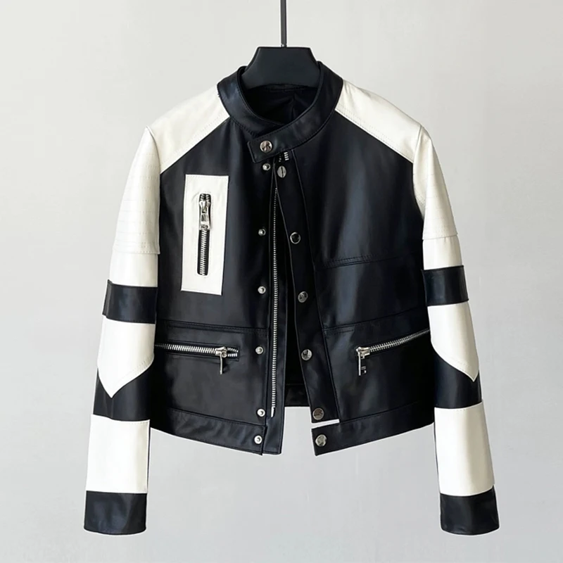 Women's Genuine Sheepskin Jackets 2025 Fall Fashion Stand Collar Color blocking Single Breasted First Layer Leather Zipper Coats