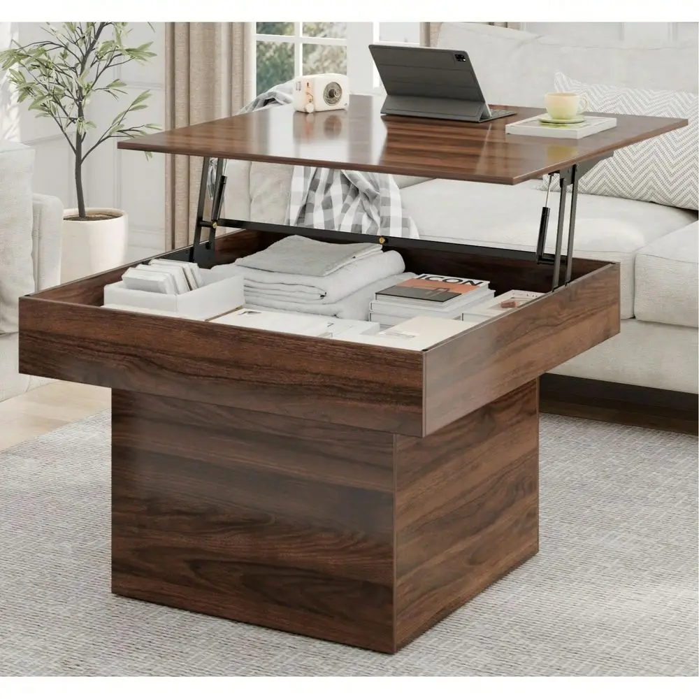 

Inch Tall Square Coffee Table LED Lights, Lift Top, Hidden Storage, High Gloss For Living, Bedroom, Office