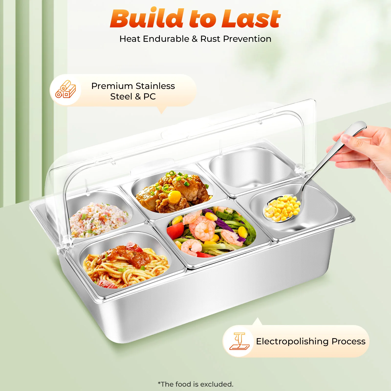 

Stainless Steel Cold & Hot Food Display Tray with 6 Pans, Double‑Sided Roll Top Cover, for Buffet Restaurant Catering