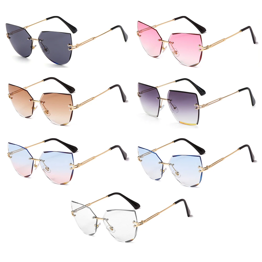 

Fashion Frameless Eyeglasses Cutting Lens UV400 Women Metal Sunglasses Rimless Shades Cat Eye Sunglasses