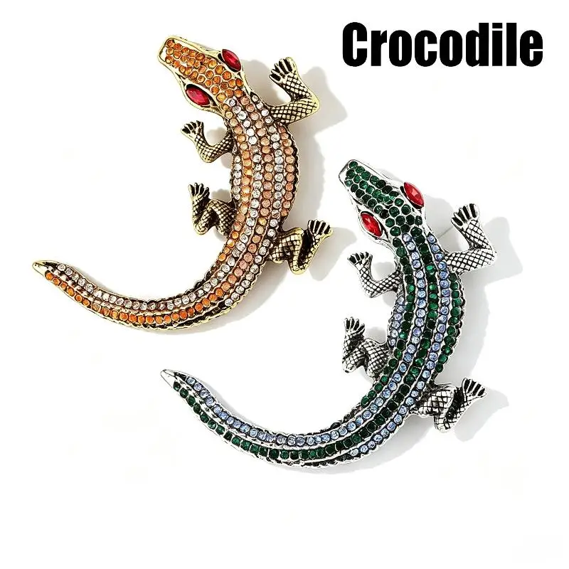 Retro Vintage Rhinestone Crocodile Animal Brooch Exquisite Large Lapel Pin for Coat Bag Scarf Fashion Unisex Gift for Men Women