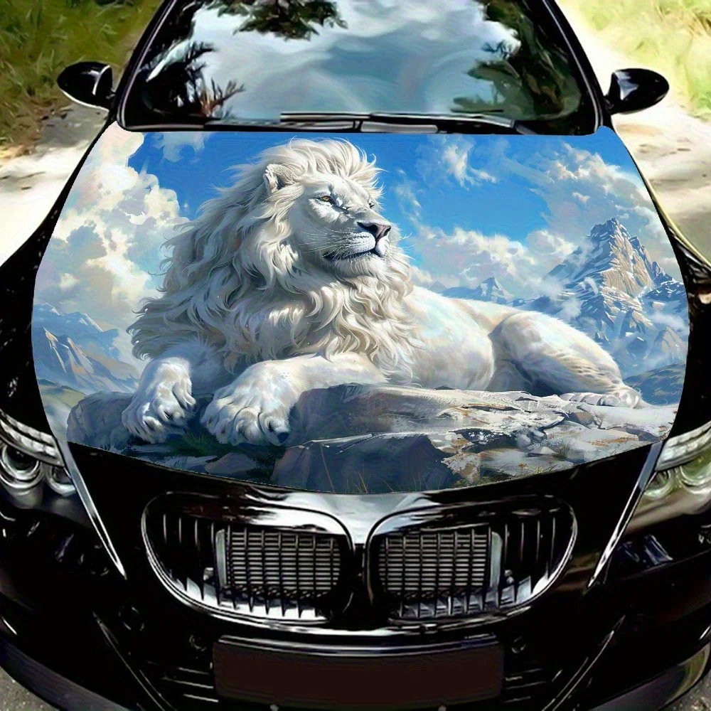 

White Lion On A Cliff Car Hood Decal Sticker - Durable Vinyl Wrap For Most Vehicles, Protective Engine Hood Film, Automotive Ext