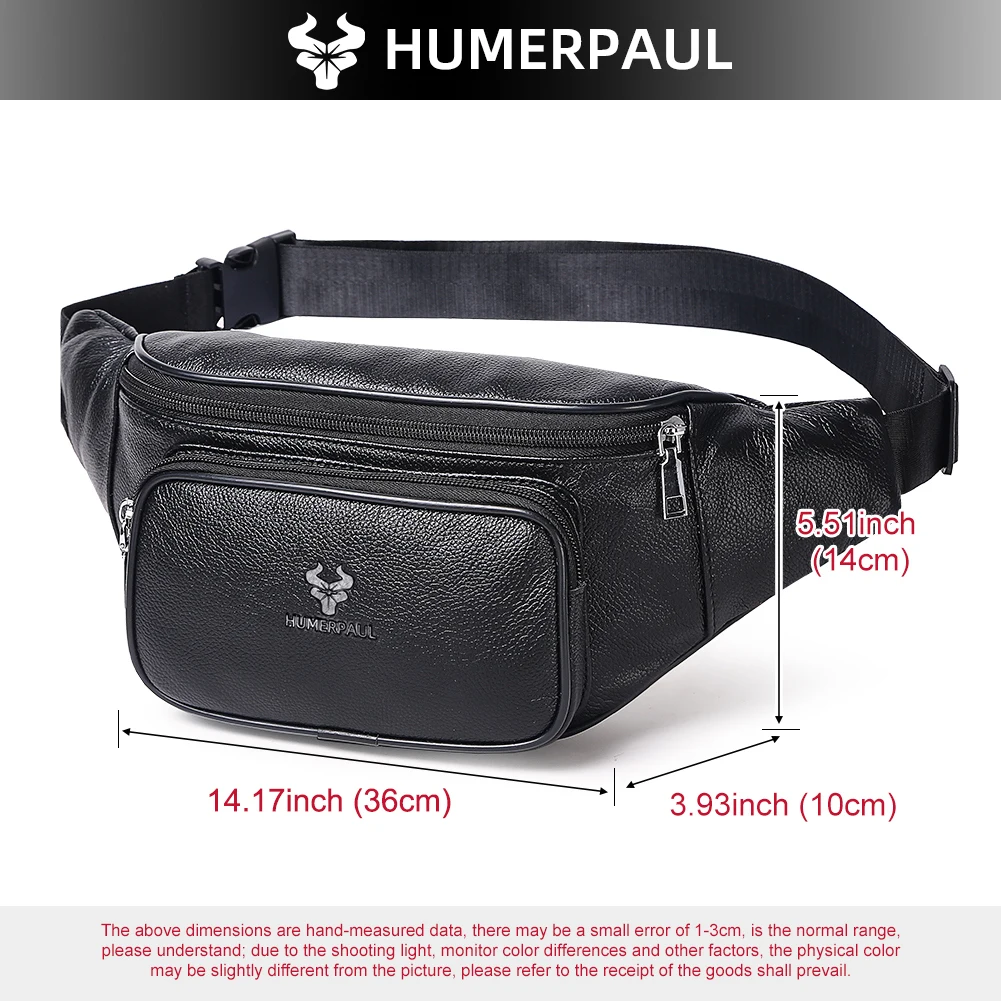 HUMERPAUL Cowhide Men's Waist Bag Casual Fanny Pack Chest Bag for Phone and Credit Card Travel Outdoor Adjustable Strap Belt Bag