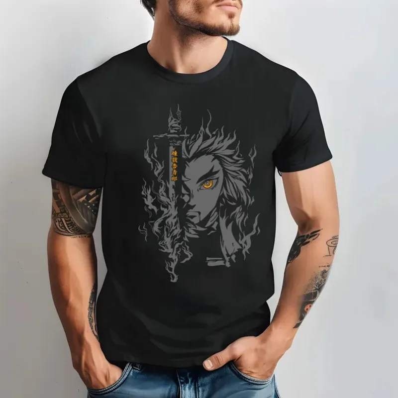 Anime ‌ ‌ ‌ ‌ ‌ ‌ ‌ ‌ Rengoku Kyojuro ‌ Camiseta Demon Slayer de algodón de verano para hombres y mujeres, ropa de calle informal de tendencia de manga corta para parejas Hip Hop
