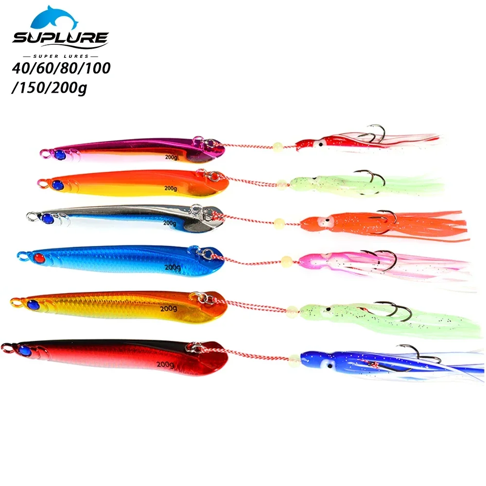 SUPERLURES Jigging Lure 40g-200g Built-in Steel Ball Jigging Lure 3D Eyes Saltwater Trolling Fishing Lure With Squid Tail Hooks