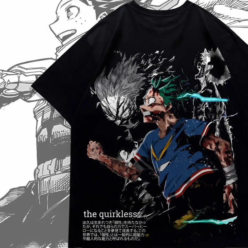 My Hero Academia Deku Anime Double Sided Print T-shirt, Oversized Black Tee, Manga Streetwear Casual Short Sleeve for Fans