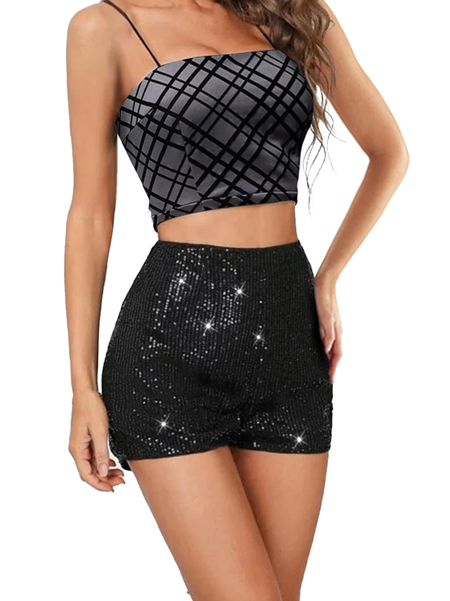 Qianderer Women s Sequin Shorts High Elastic Waist Sparkly Straight Leg Shorts Solid Glitter Sparkly Party Hot Shorts for Party