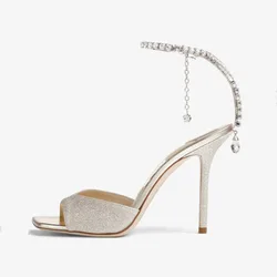 Arden Furtado 2025 Summer Microfiber Square toe Super high heel Diamond chain Party word-cingulate Open toe Sandals Large size