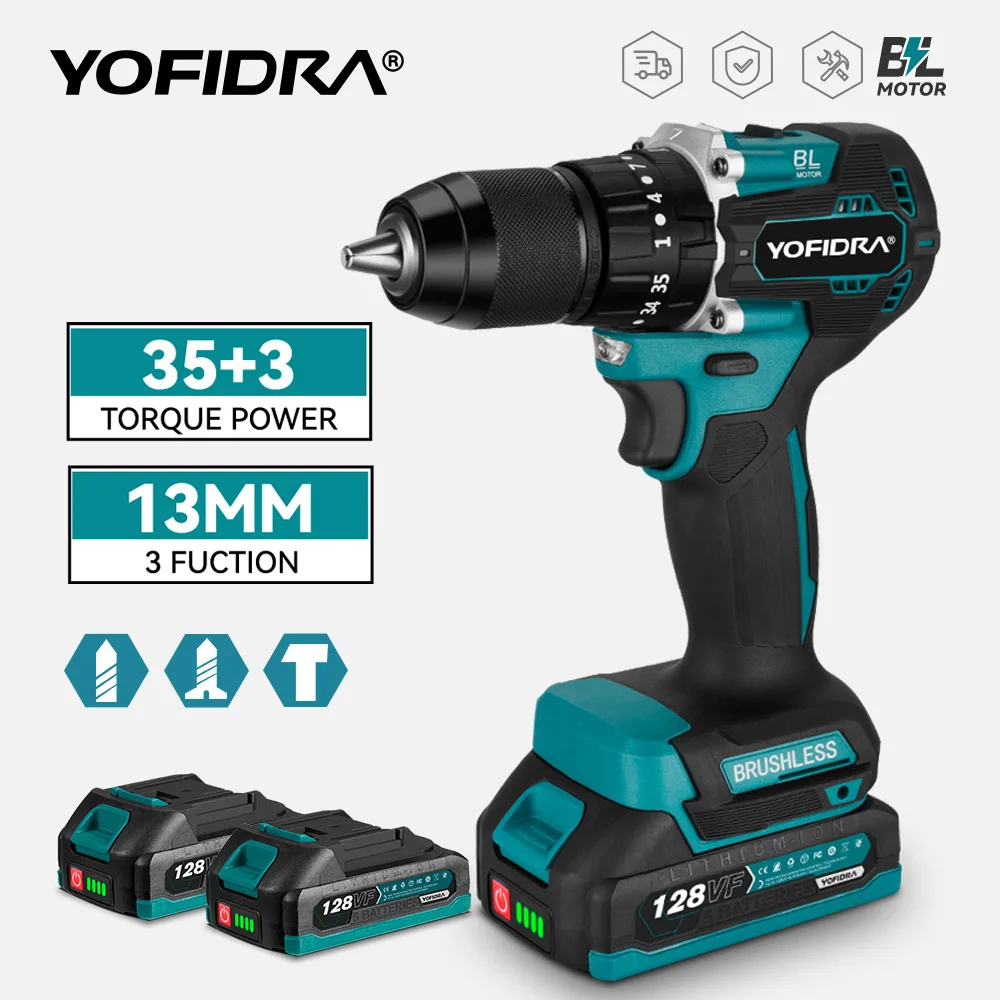 Yofidra 13MM 35 + 3 Drehmoment Bürstenlosen Elektrischen Schlagbohrmaschine Akkuschrauber DIY Power Tool Für Makita 18V batterie Pin