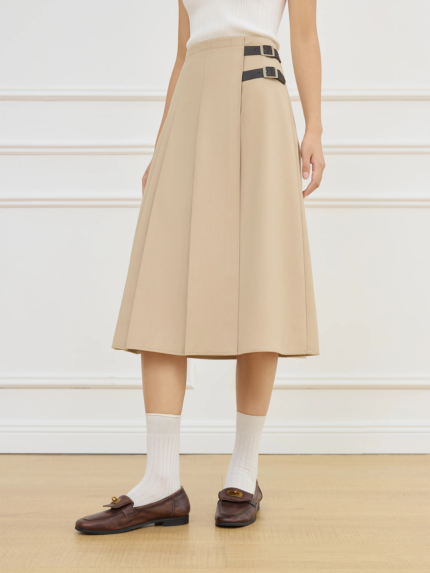 FSLE College Style A-line Solid Color Navy Blue Skirt For Female 2025 Spring New Design Elegant Chic Long khaki Skirt 25FS11201