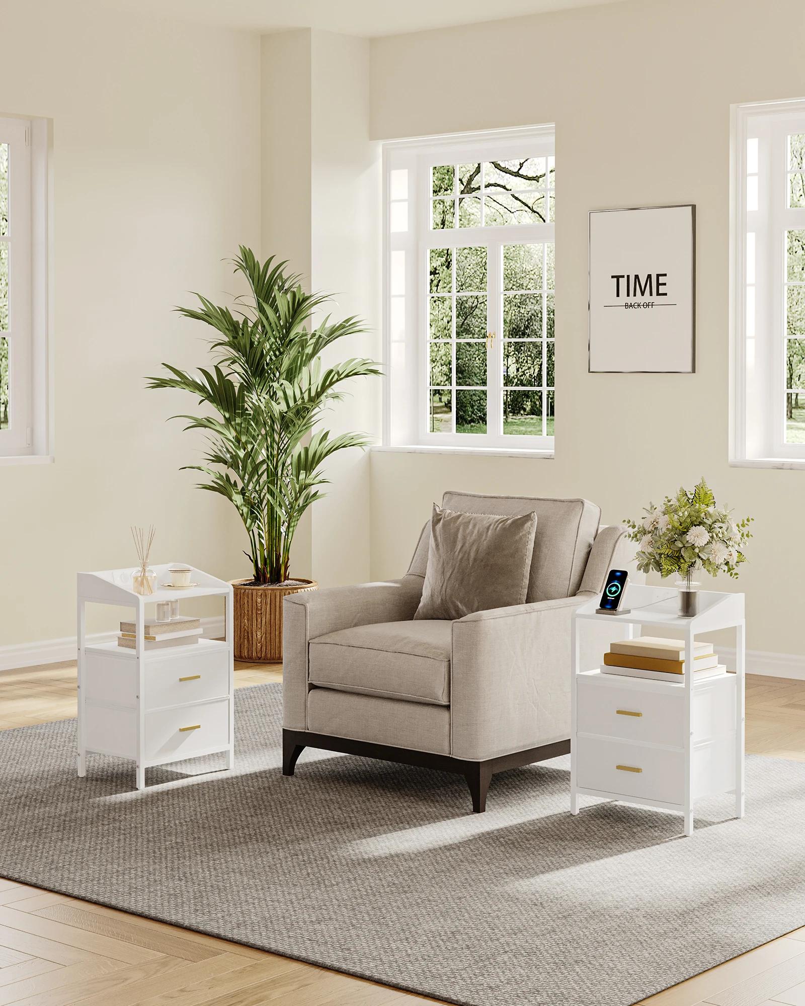 طاولة بجانب السرير من هزوانري مع أضواء LED ومحطة شحن، وطاولة جانبية مع درجين من القماش ورفوف، مع منافذ USB #2