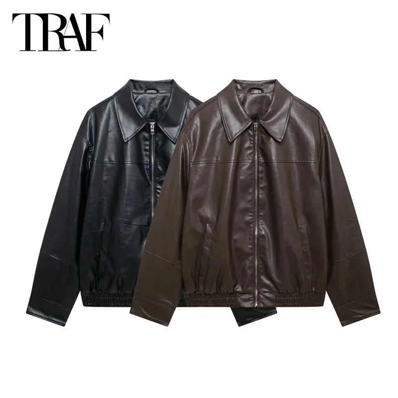 TRAF Faux Leather Jacket Outerwears 2024 Women\'s Autumn Bomber Jacket Coat Ladies Fashion Brown Black Long Sleeve Oversized Coat