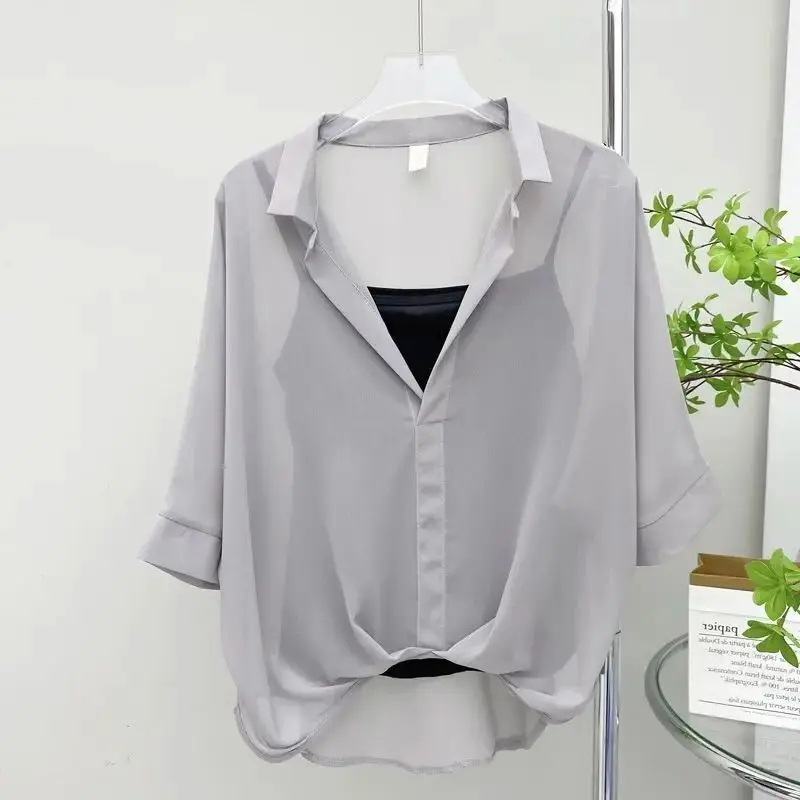 Camicia con colletto in Chiffon nuova estate da donna top a maniche corte FashionSunscreen abbigliamento sottile in due pezzi camicetta con collo mezzo aperto