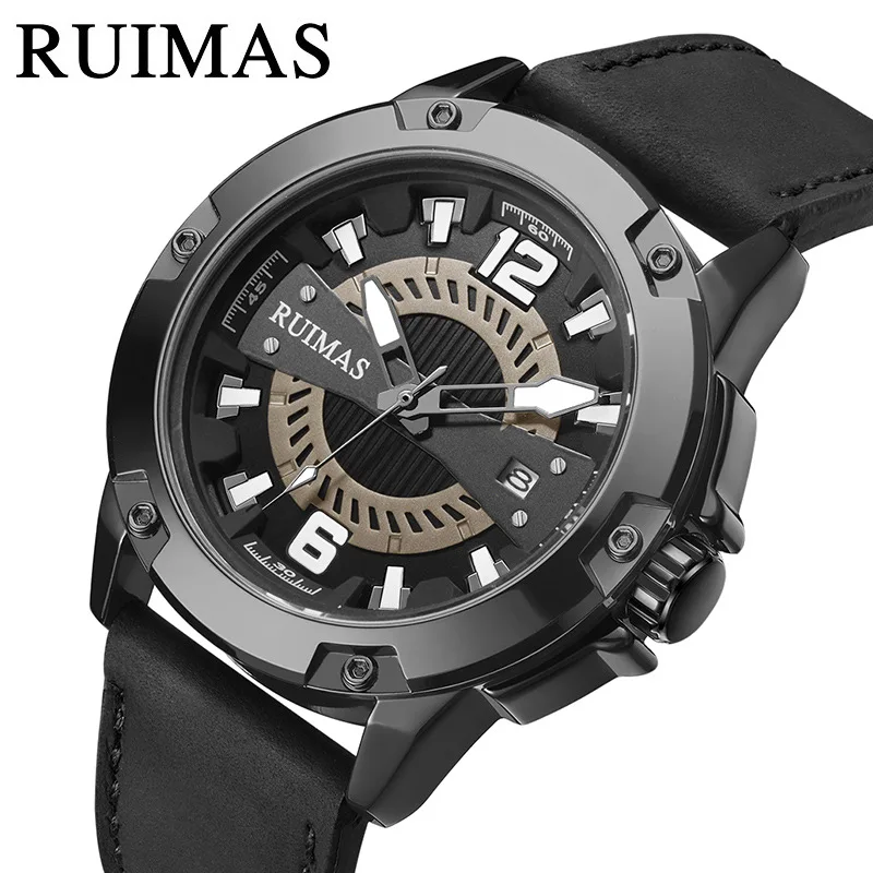 

RUIMAS 302 Quartz Watch Men Sport Fashion Leisure Cool Luminous Army Military Black Leather Strap Wrist Watches for Male