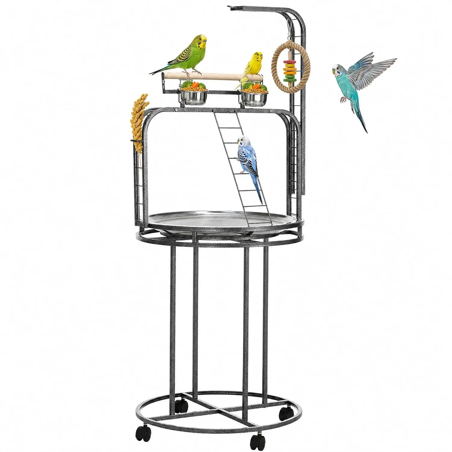Parrot Stand Large Bird Perch Stand with Toy Hook & 3 Ladders, Parrot Perch with Easy Grip, Bird Wooden Stand, Gray