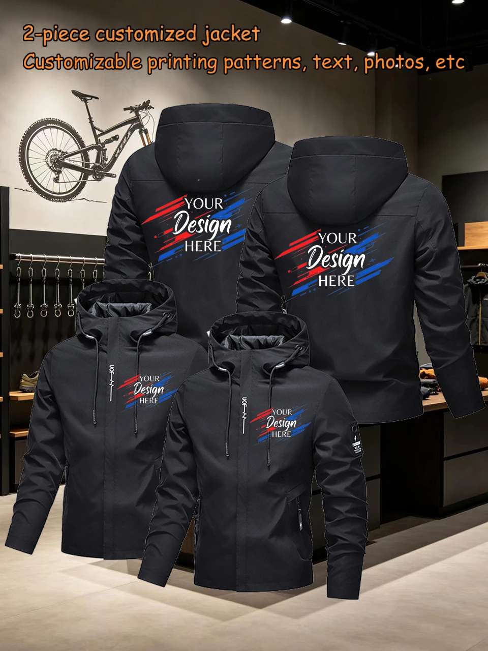 Men's cycling jacket 2PCS, lightweight and durable, zipper pocket all-weather outdoor jacket, customizable chest/back pattern