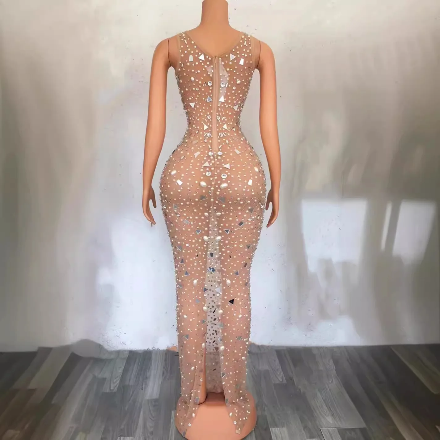 لامعة عارية شبكة العروس الأم فستان مطرز أنيق المرأة رداء غير رسمية Vestido Piedras Brillantes فساتين ماكسي لضيف الزفاف
