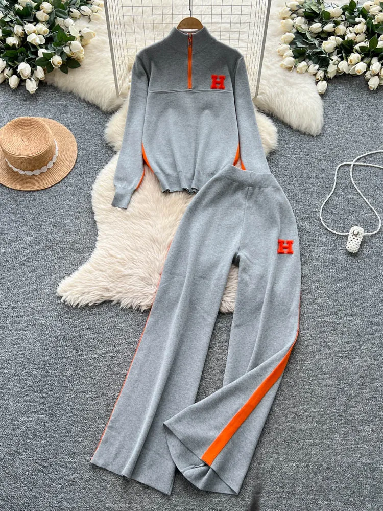 Spor Casual Outfit Women's Autumn Design Contrast Color Letter Embroidery Stand Collar f Zip Knitted Top Wide Leg Pants