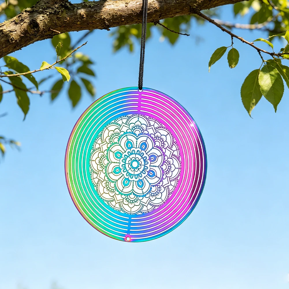 Spiritual Mandala Wind Spinner Suncatcher 3D Rainbow Circle Flowing-Light Effect Kinetic Wind Sculpture Meditation Hanging Decor