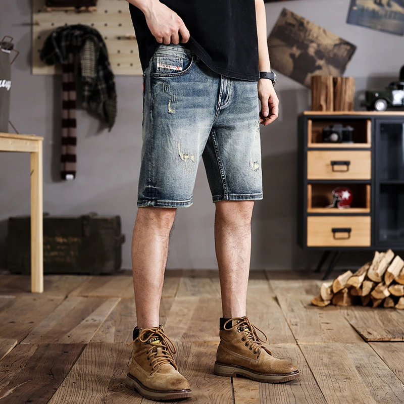 JXN1051 อเมริกัน retro ล้างเก่า Slim กางเกงยีนส์กางเกงขาสั้นผู้ชายฤดูร้อนใหม่กางเกงตรง ins น้ําห้าจุด