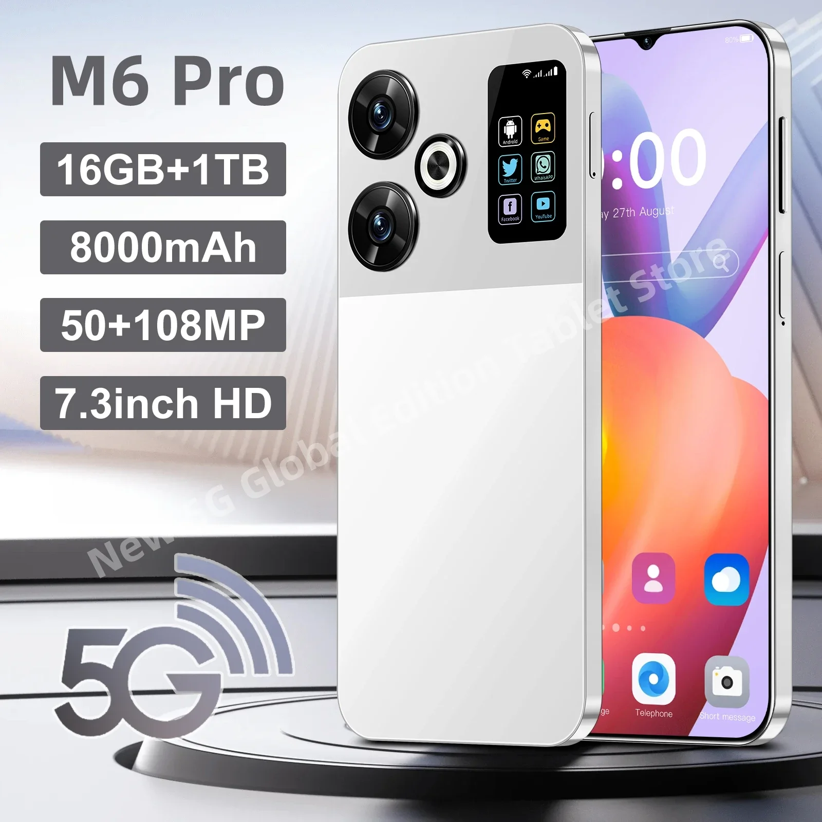 

Global New M6 Pro 7.3-inch Ultra HD 16GB+1024GB 108MP+50MP, 8000mAh large battery Android 14 Qualcomm Snapdragon 8 Gen3 Dual SIM