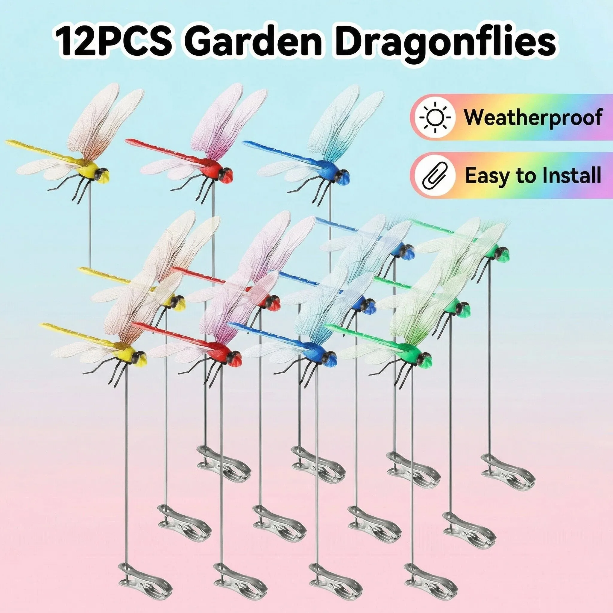 Colorful Plastic Decor with Clips & Adjustable Stems  Bug Repellent Ornaments for Indoor Outdoor Yard Lawn Patio Flower Pot Planter Decorations  Realistic Plastic Stake Ornaments with Flexible Stems 12 Pack Colorful 3D Dragonfly Garden Picks 25cm
