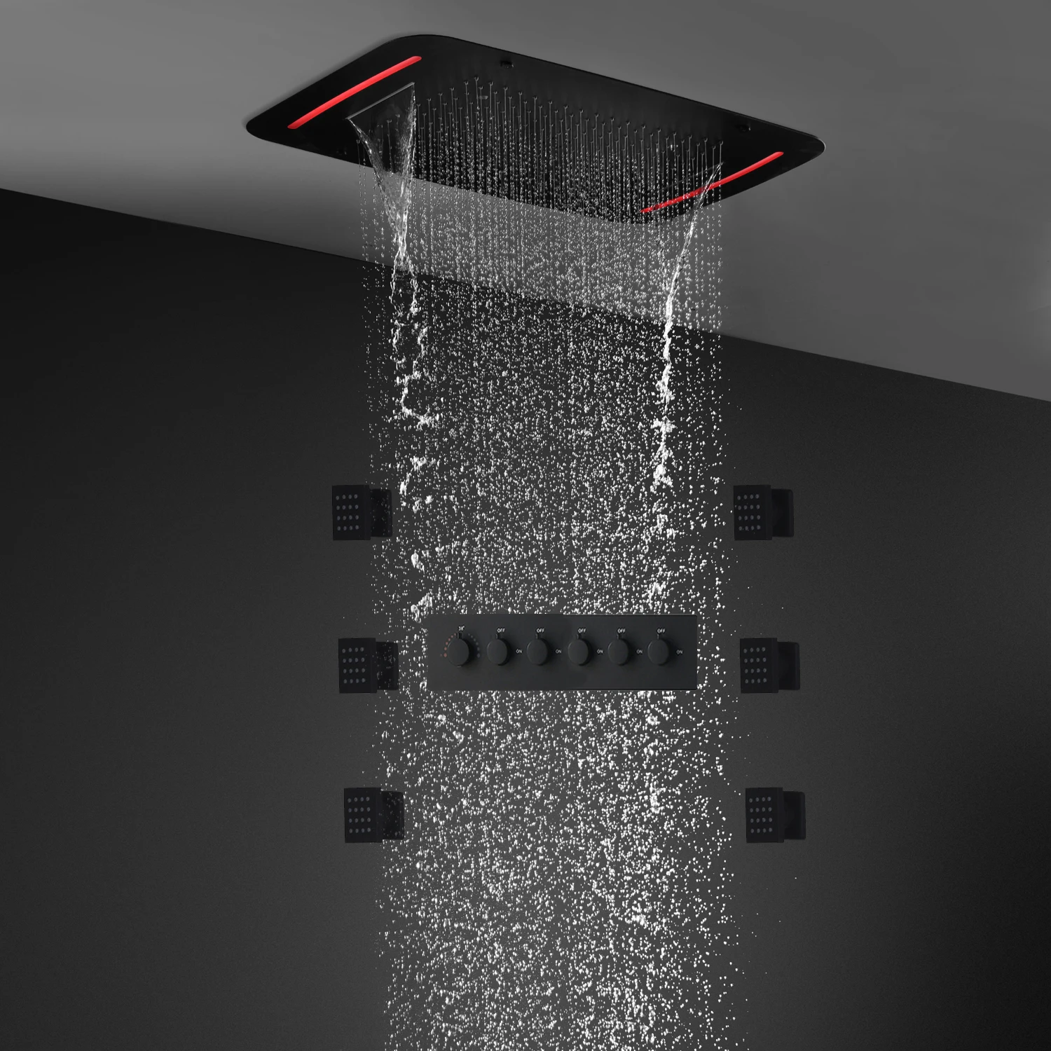 

hm Luxury Ceiling LED Shower System Set Massage Waterfall Rainfall Shower Head Bathroom Thermostatic Shower Faucet With Side Jet