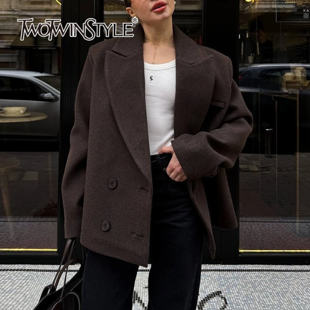 

TWOTWINSTYLE однотонные свободные двубортные повседневные пальто для женщин с лацканами и длинными рукавами базовое пальто женская модная одежда