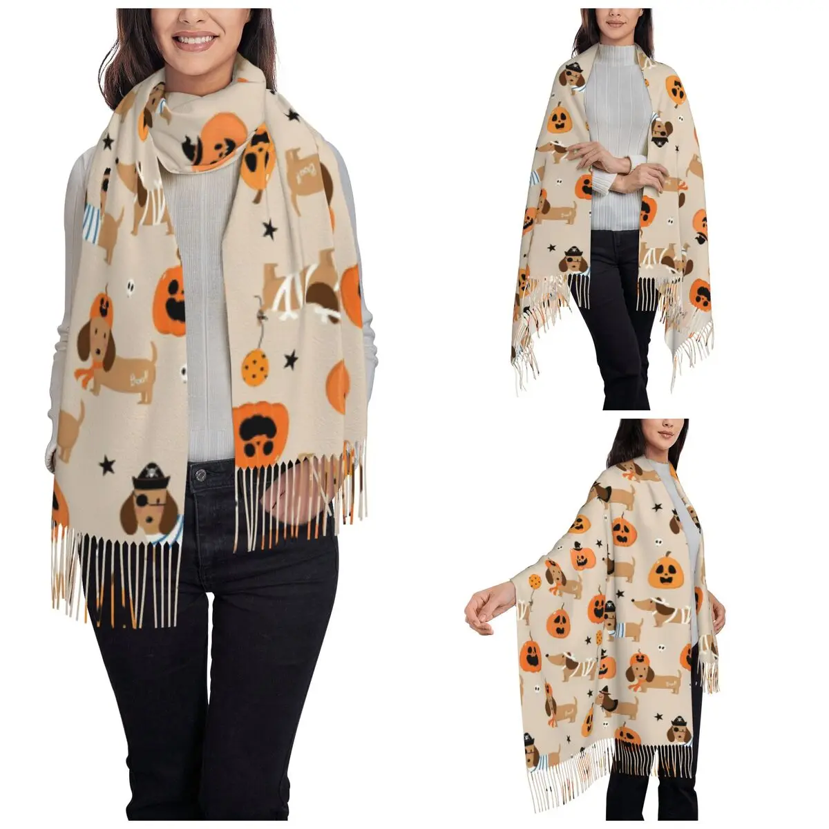 Halloween Dachshund Dog Shawls Wraps Women Warm Single-sided Pattern Scarf Pumpkin Fall Neckerchief Tassel Scarves
