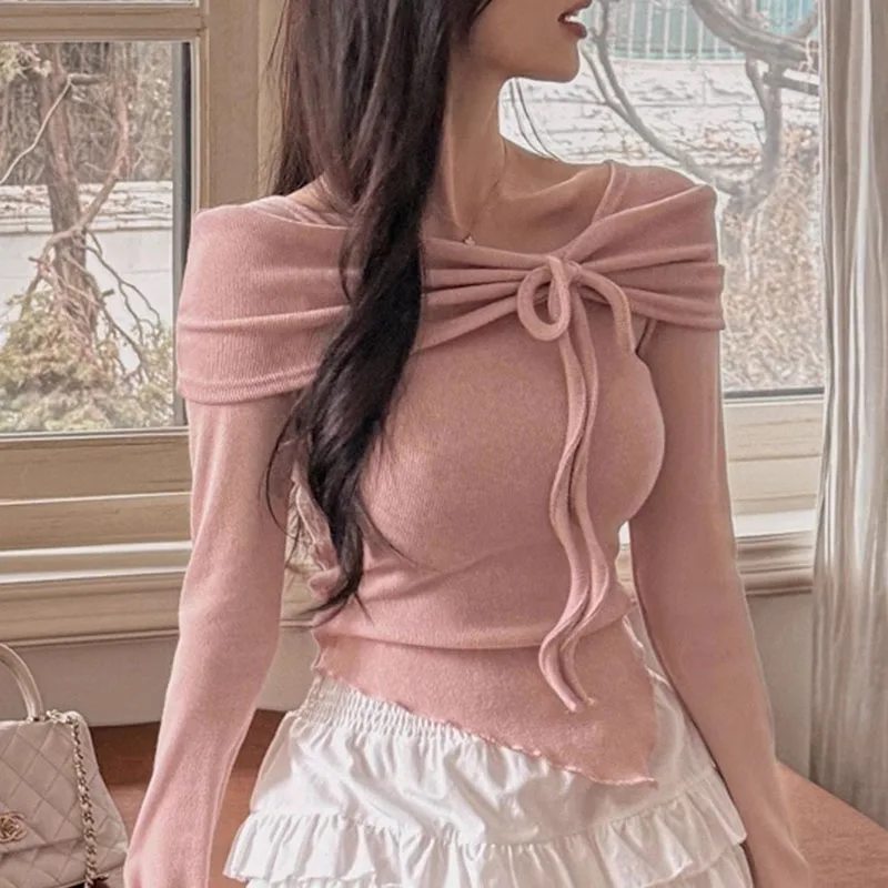 Irregular Bow T Shirt For Women Pink Cute Tshirts Y2K Slim Long Sleeve Tees 2025 Spring  Summer Korean Style Crop Tops Mujer
