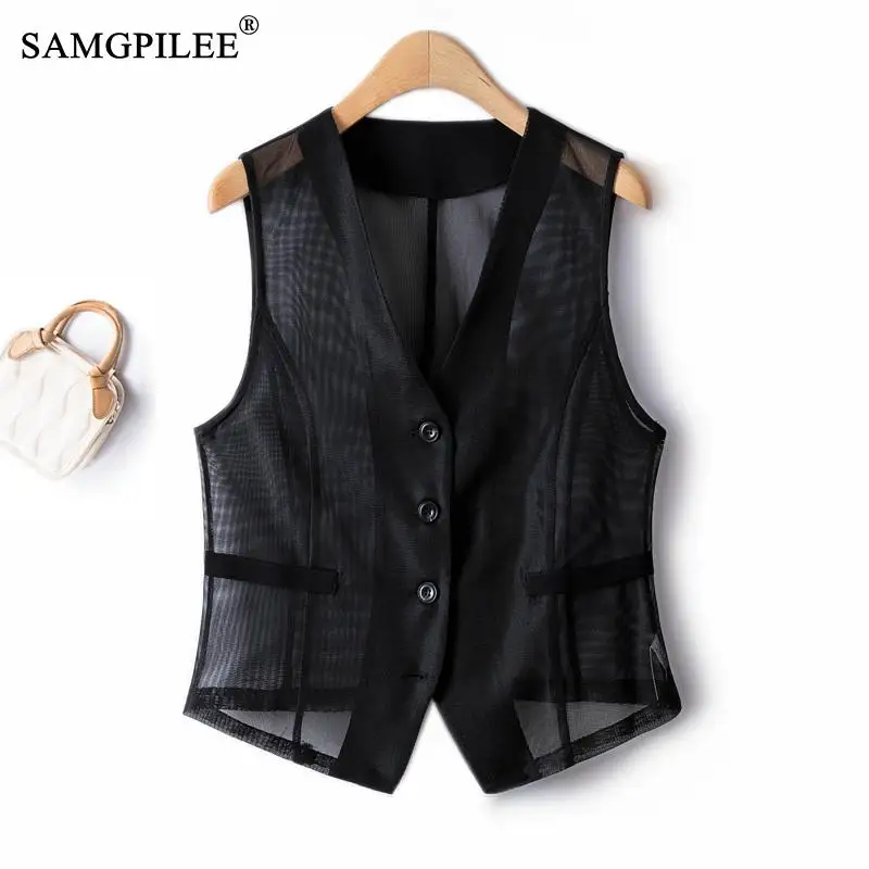 

European Station Mesh Vest For Women 2023 Summer Fashion V Neck Slim Single Breasted Waistcoat Slim Sleeveless Female Jackets