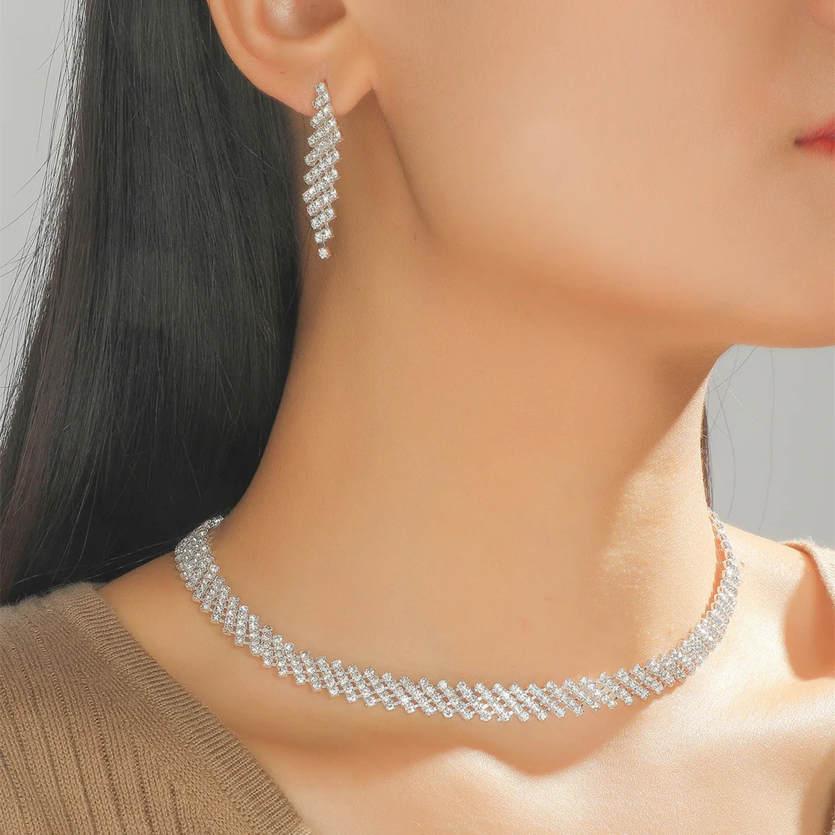 Rhinestone Necklace Earrings Wedding Two-piece Wedding Dress Accessories, Bridal Jewelry Set