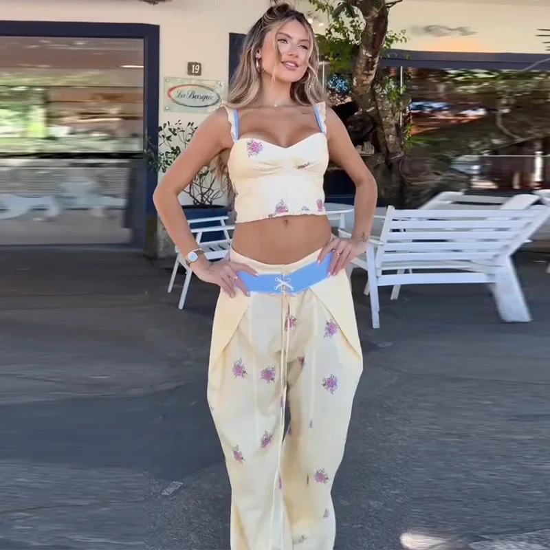 Korsett-Tops und Plissierte Hosen Sets für Damen, Sexy Spaghetti-Träger, Schulterfreies Ärmelloses Top mit Unregelmäßigem Saum und Weiter Hose, Neu – Detail 24