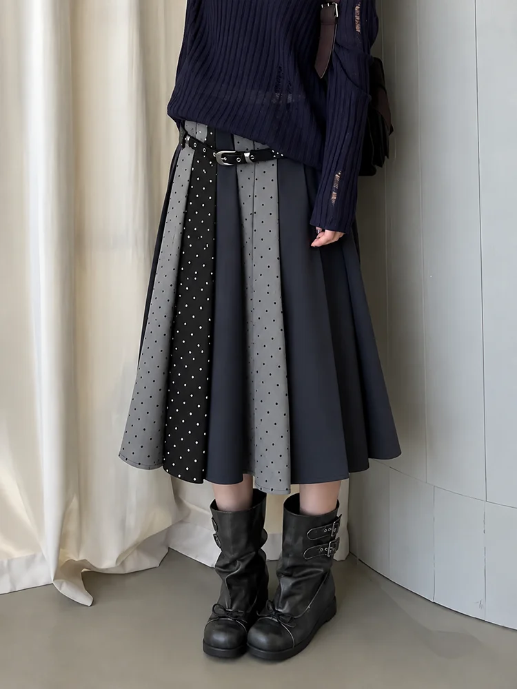 ReddaChic Color Block Polka Dots Skirt Women Fall Lounge Draped Low Rise A-line Midi Long Pleated Skirt Modern Vintage Bottoms